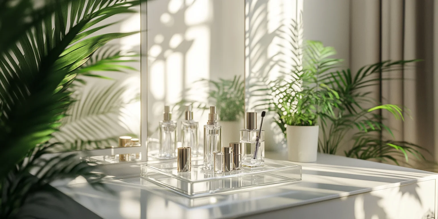 A silver-rimmed, vintage glass tray displays exquisite glass bottles and dried blooms.